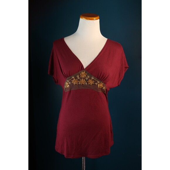 Vintage Y2K R. Tease Babydoll Maroon Gold Sequin Flutter Sleeve Fairy Top Large - Picture 1 of 7